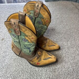 dan post Western Cowboy Boots girls 1 Brown Green Floral Embroidered Pointed Toe